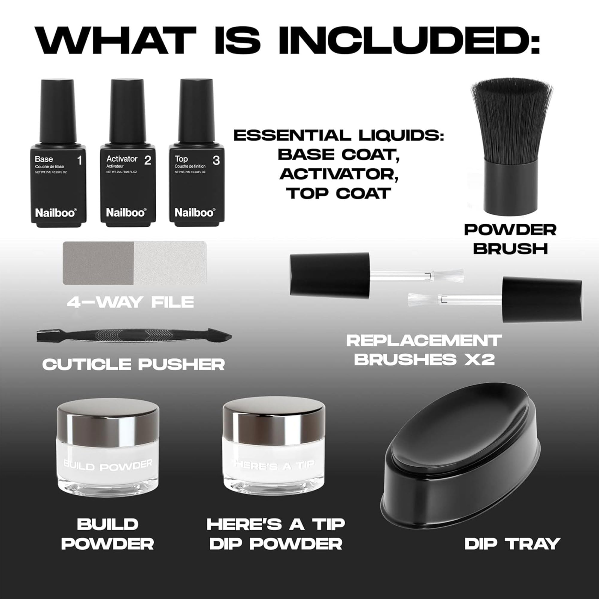 Nailboo essential liquids set for base, activator, and top coat
