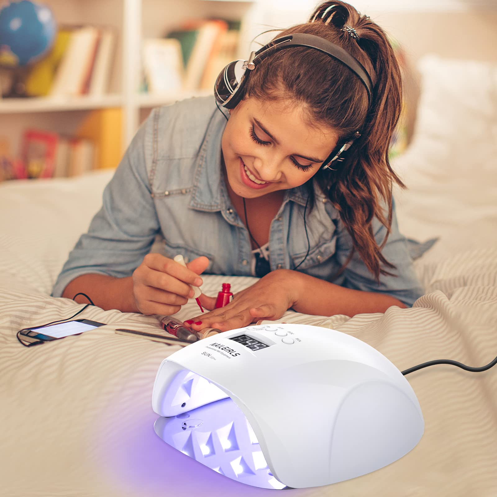 NAILGIRLS 150W UV LED lamp side angle highlights dual light source versatility.