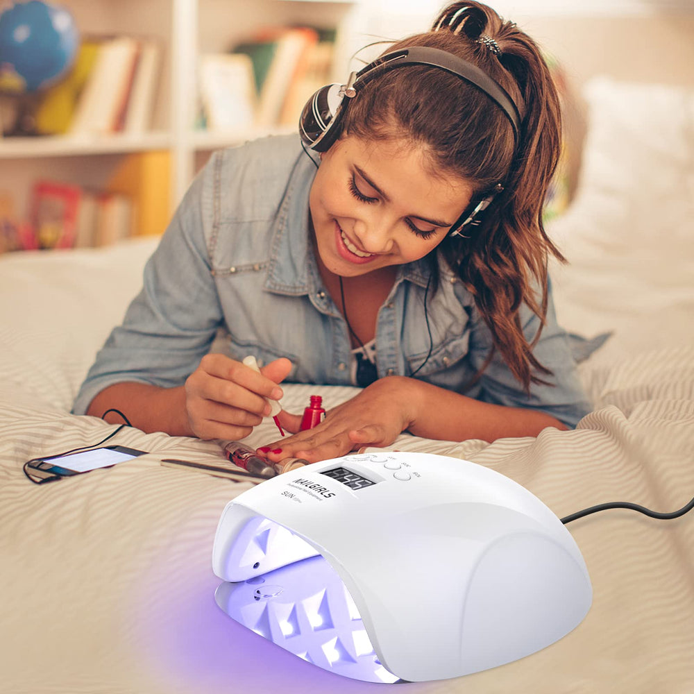NAILGIRLS 150W UV LED lamp side angle highlights dual light source versatility.