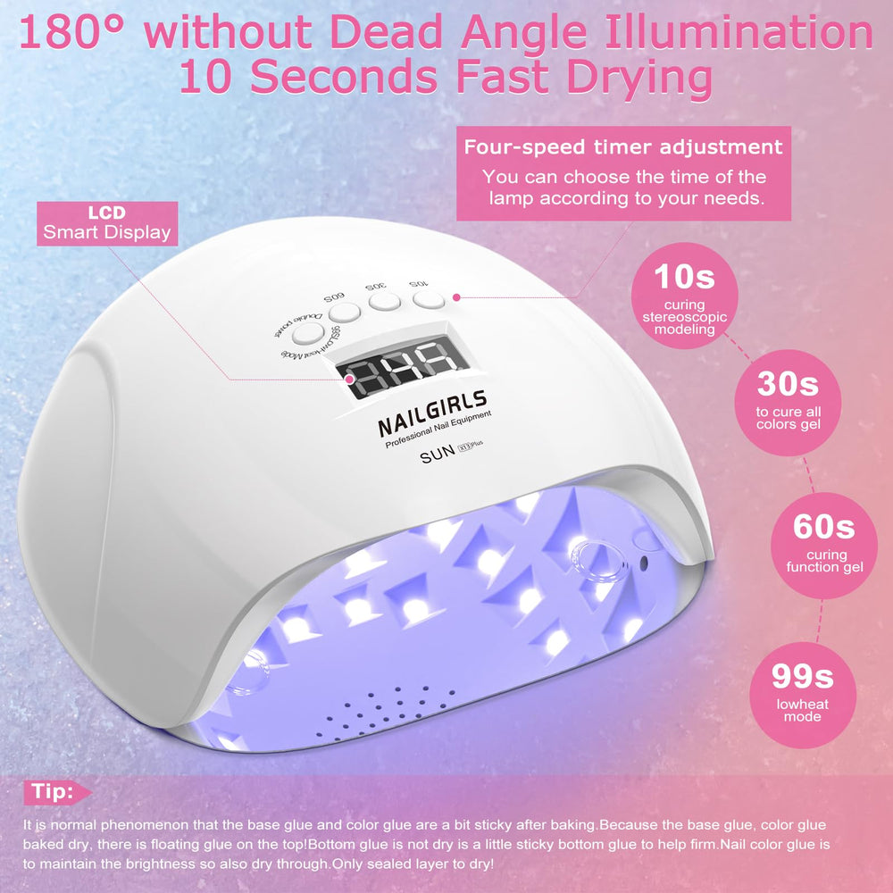 NAILGIRLS dual-source lamp provides efficient curing for base, top coats.