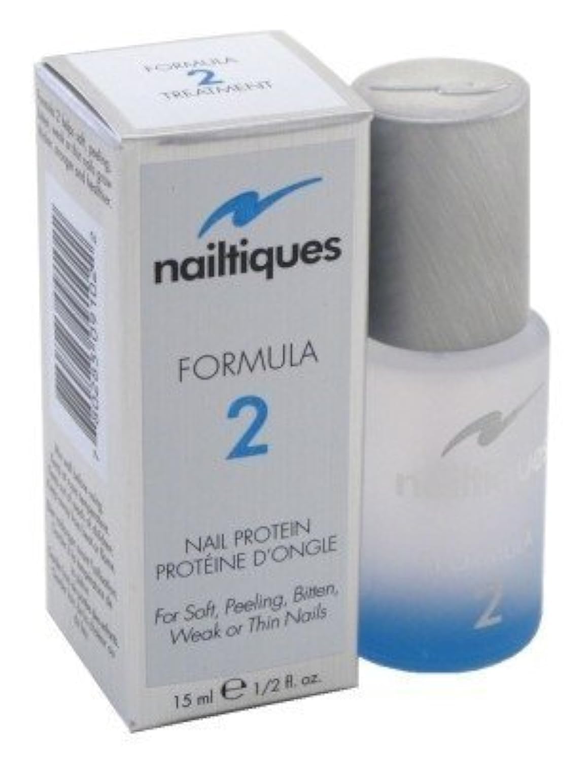 Nailtiques Formula 2 protein bottle close-up showcasing strength-boosting, quick-dry treatment.
