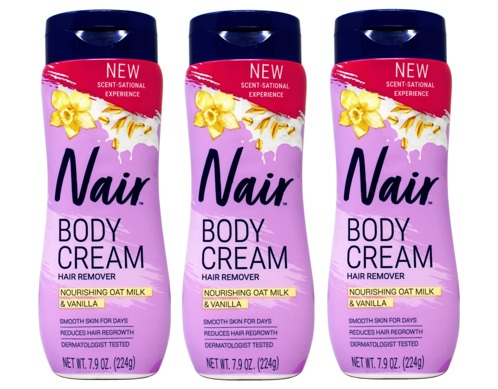 Nair Body Cream Hair Remover bottle highlights nourishing oats for silky skin.