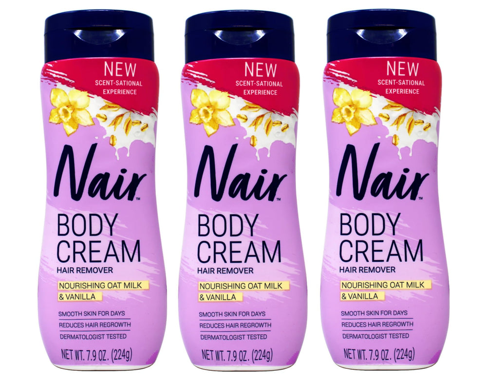 Nair Body Cream Hair Remover bottle highlights nourishing oats for silky skin.