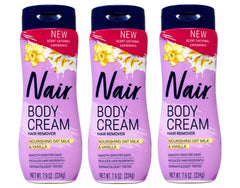 Nair Body Cream Hair Remover bottle highlights nourishing oats for silky skin.