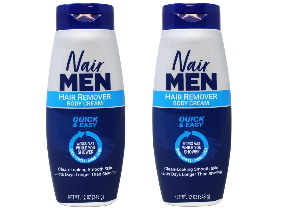Nair hair remover for men 2-pack beside shower essentials emphasizes ready-to-use routine.