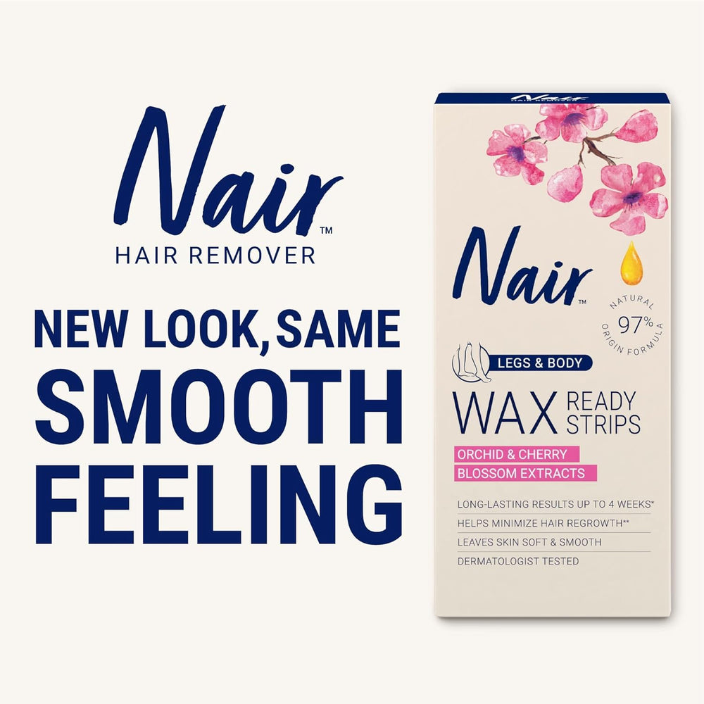 Nair Hair Remover Wax Ready-Strips hair-removal-results suggest smooth legs and body after use.