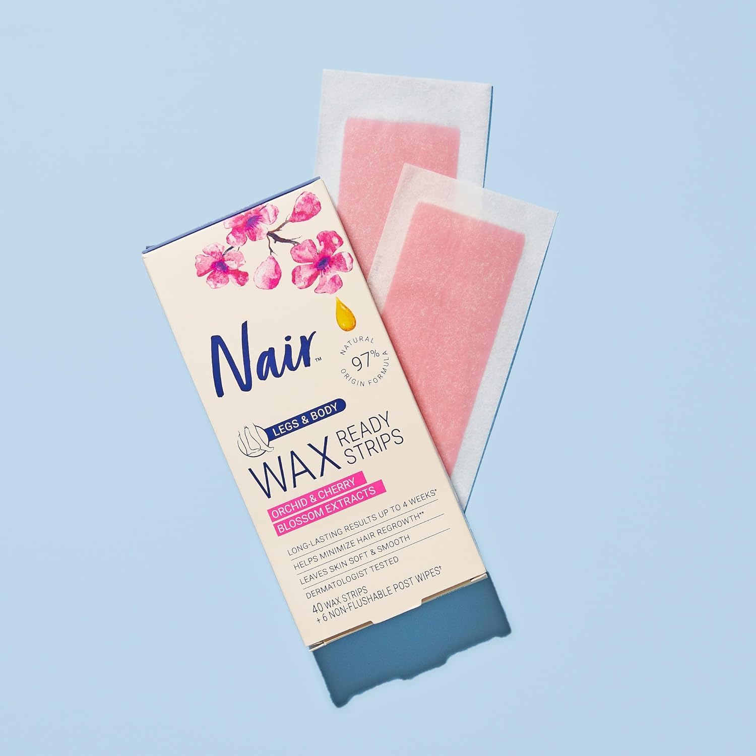 Nair Hair Remover Wax Ready-Strips legs-application demonstrates convenient leg hair removal.