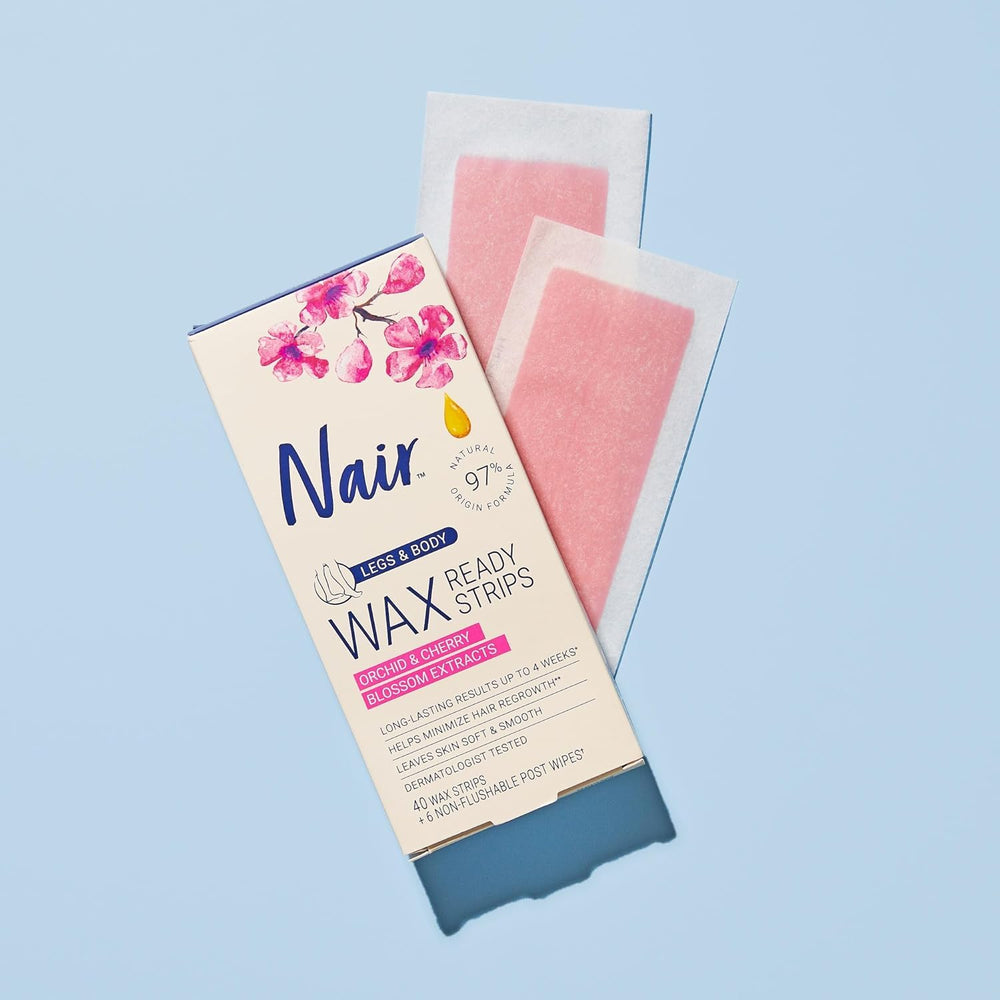 Nair Hair Remover Wax Ready-Strips legs-application demonstrates convenient leg hair removal.