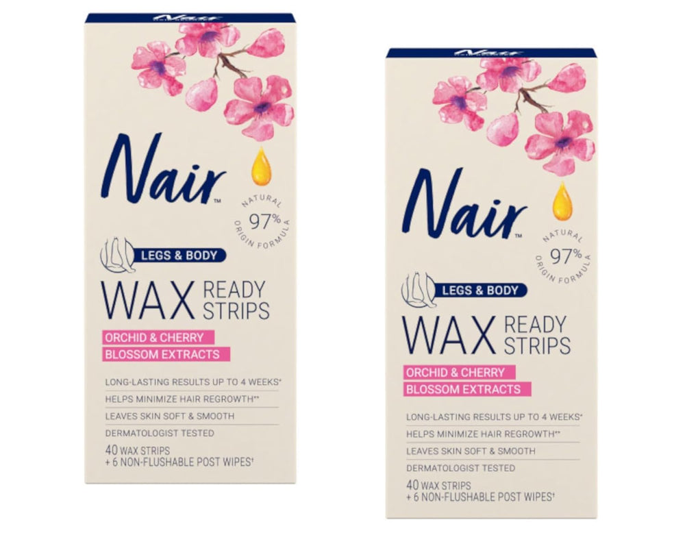 Nair Hair Remover Wax Ready-Strips front view with 2-pack box for legs and body.