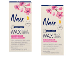 Nair Hair Remover Wax Ready-Strips front view with 2-pack box for legs and body.