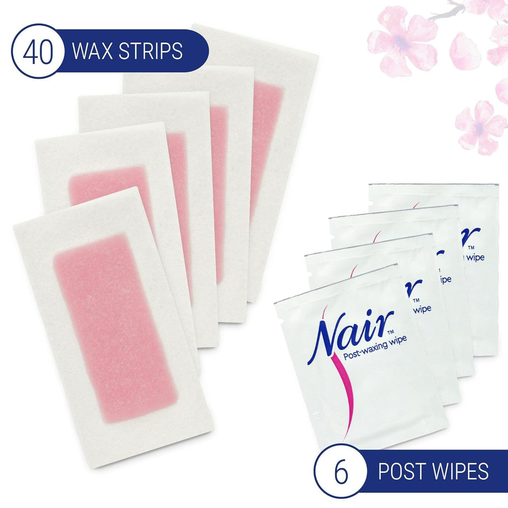 Nair Hair Remover Wax Ready-Strips rice-bran-oil feature emphasizes skin-friendly formula.