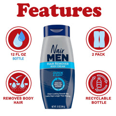 Nair Men hair removal body cream in shower application demonstrates easy routine.