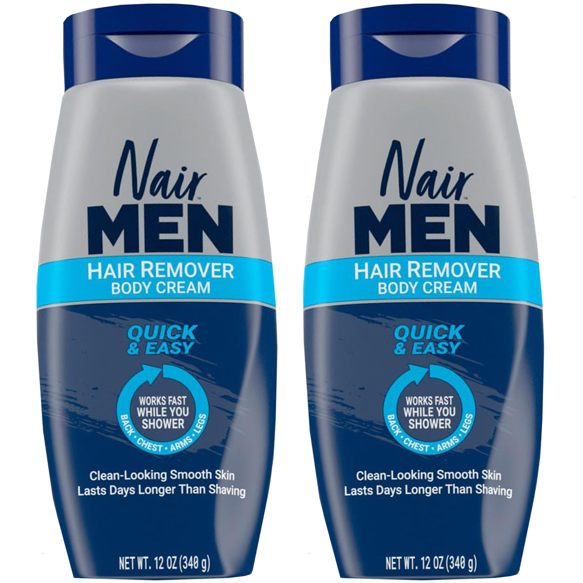 Nair Men hair removal body cream tube close-up shows in-shower use.