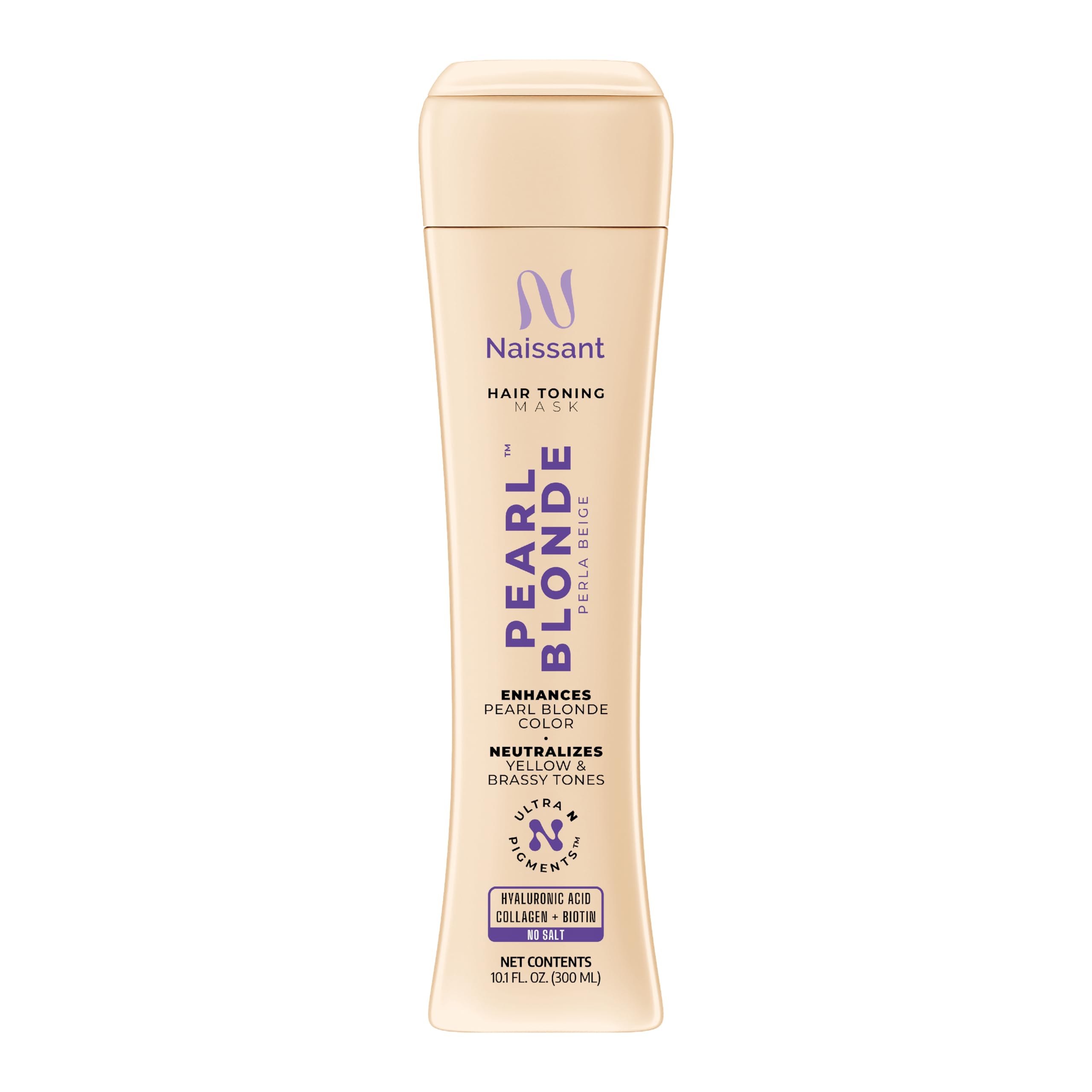 Naissant Pearl Blonde Mask bottle demonstrates neutralizing yellow tones for cooler blonde.