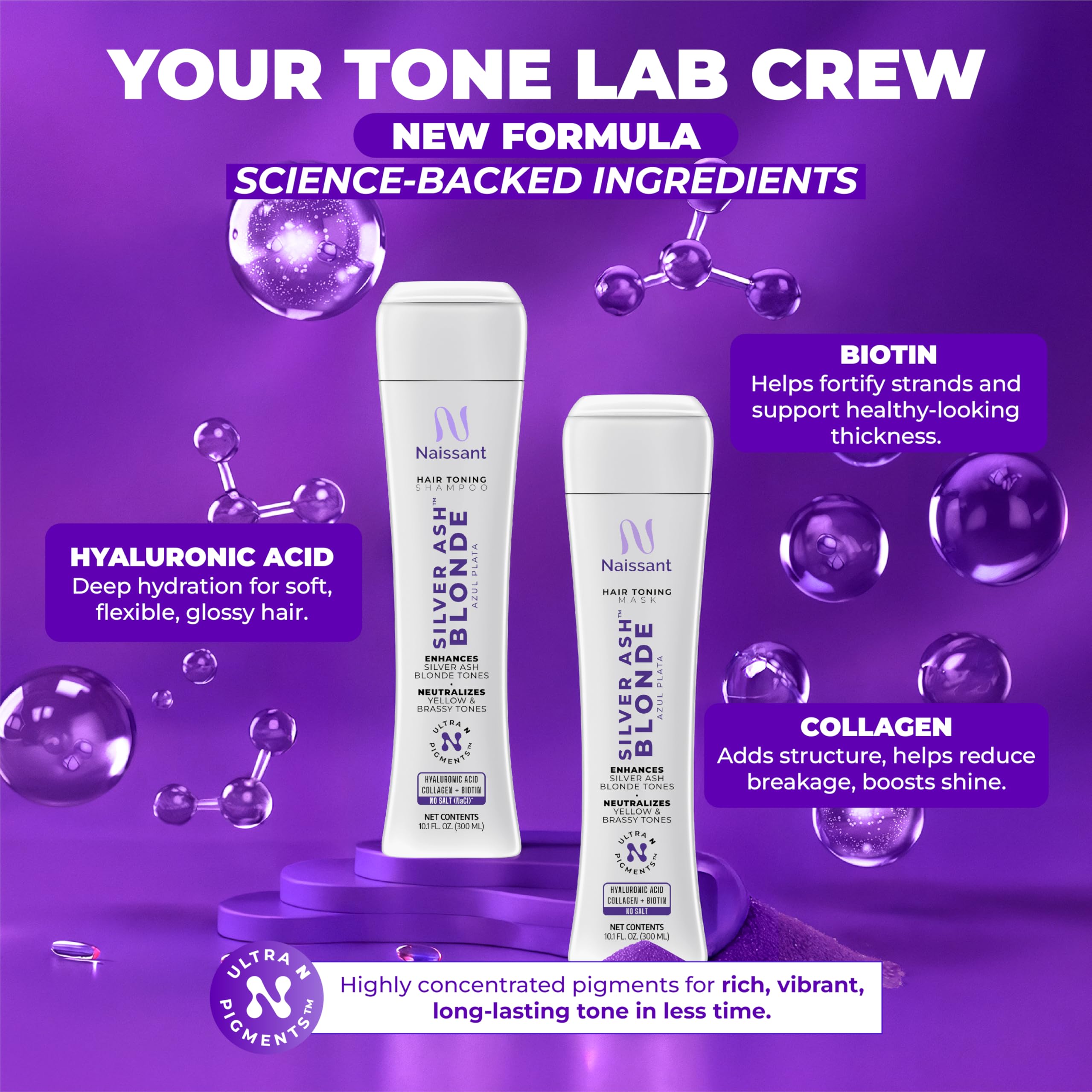 Naissant Silver Ash Blonde Mask collagen and biotin suggest stronger, more resilient strands.