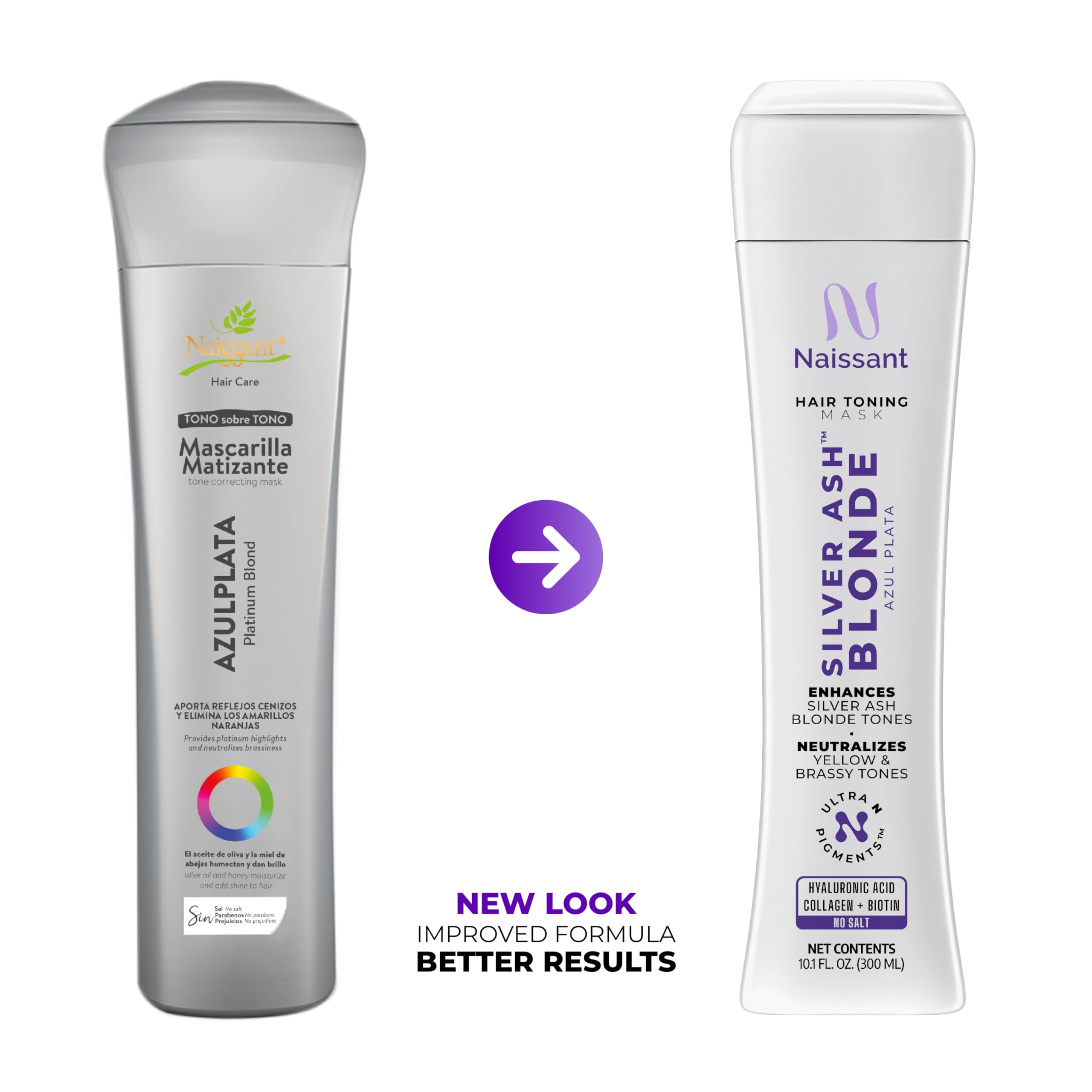 Naissant Silver Ash Blonde Mask tube applies blue pigments for brassy neutralization.