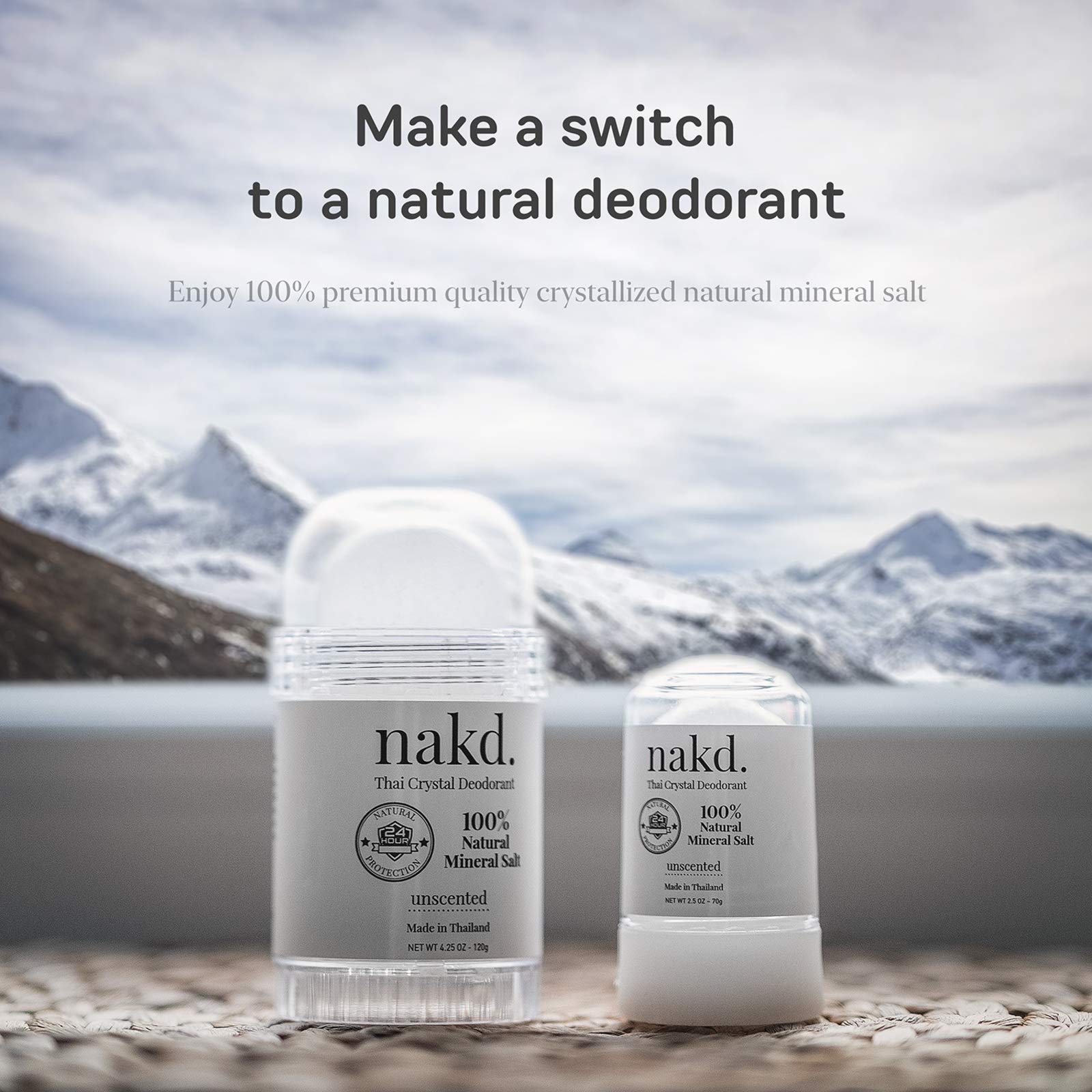 nakd. Thai Crystal Deodorant stone packaging shows two sticks for home and travel