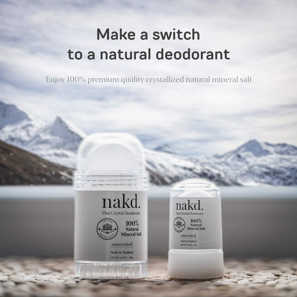 nakd. Thai Crystal Deodorant stone packaging shows two sticks for home and travel