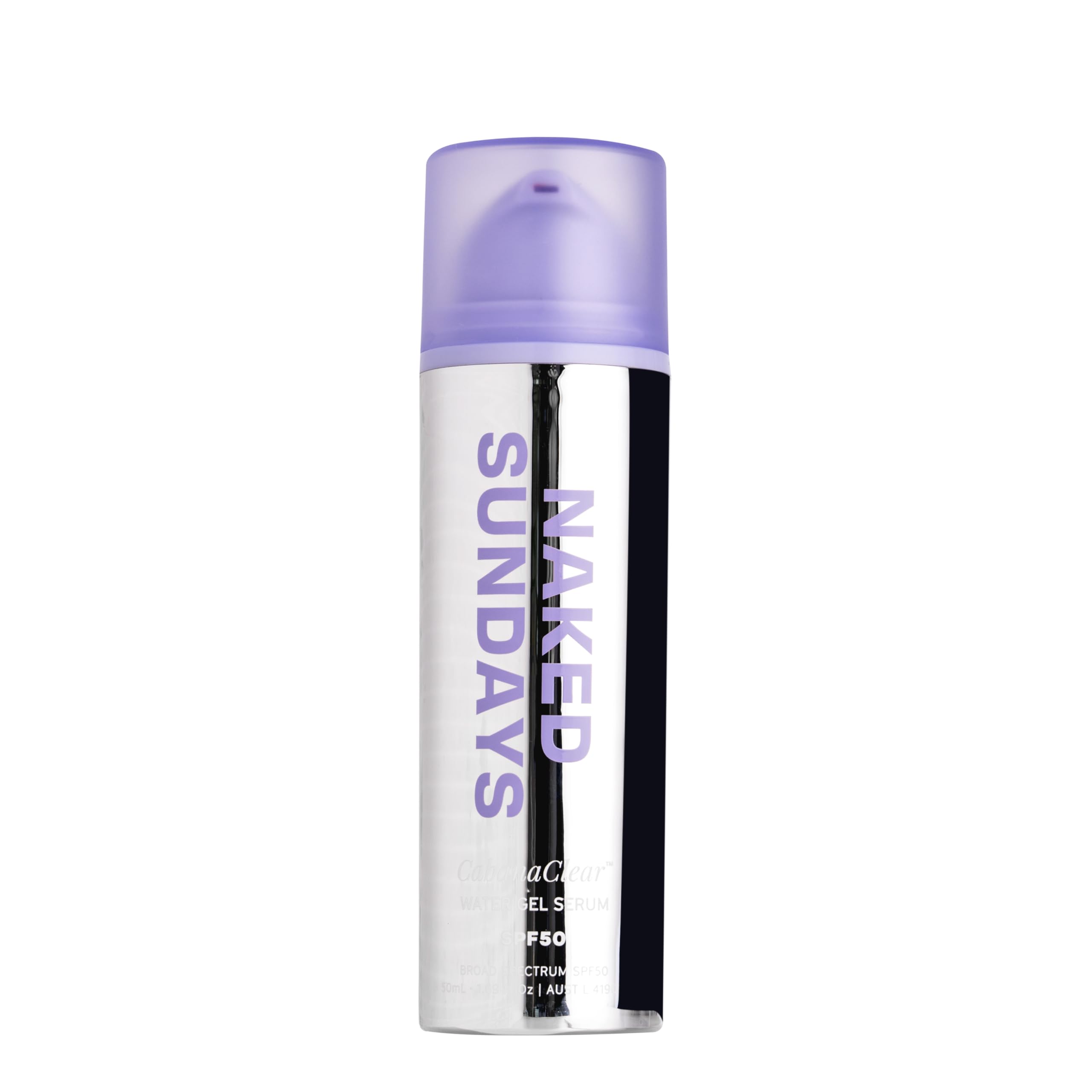 Naked Sundays CabanaClear SPF50 bottle closeup shows invisible protection and lightweight feel