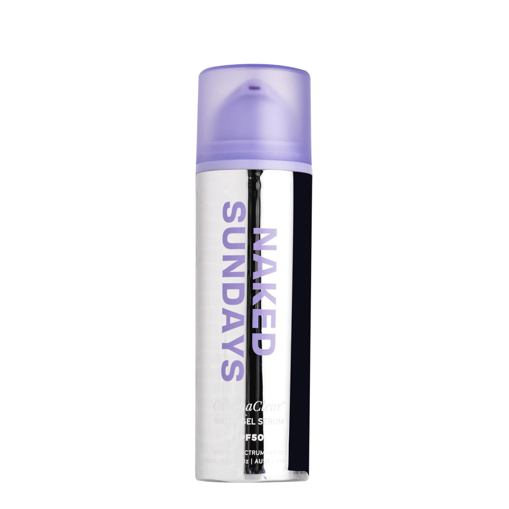 Naked Sundays CabanaClear SPF50 bottle closeup shows invisible protection and lightweight feel