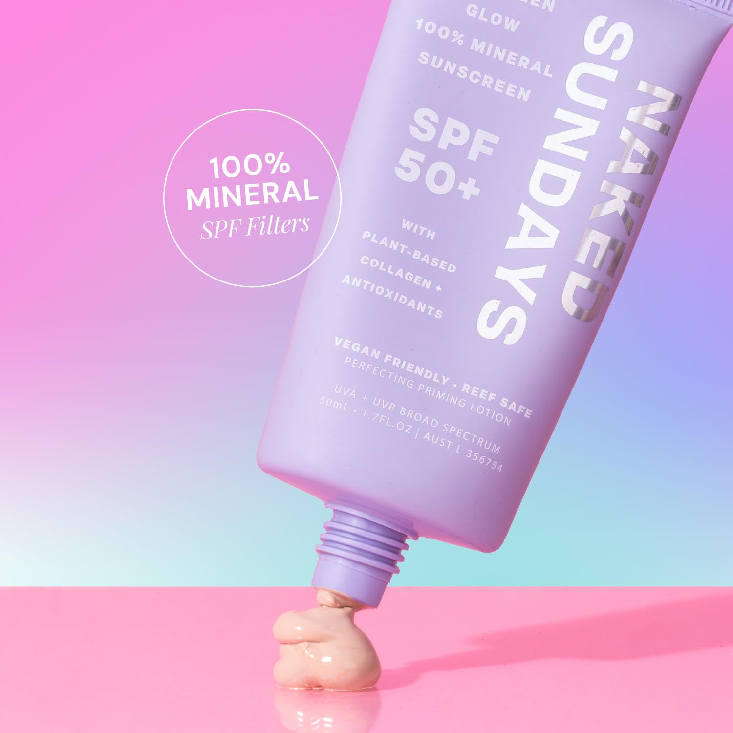 Naked Sundays mineral sunscreen texture swatch shows sheer, luminous finish on skin.