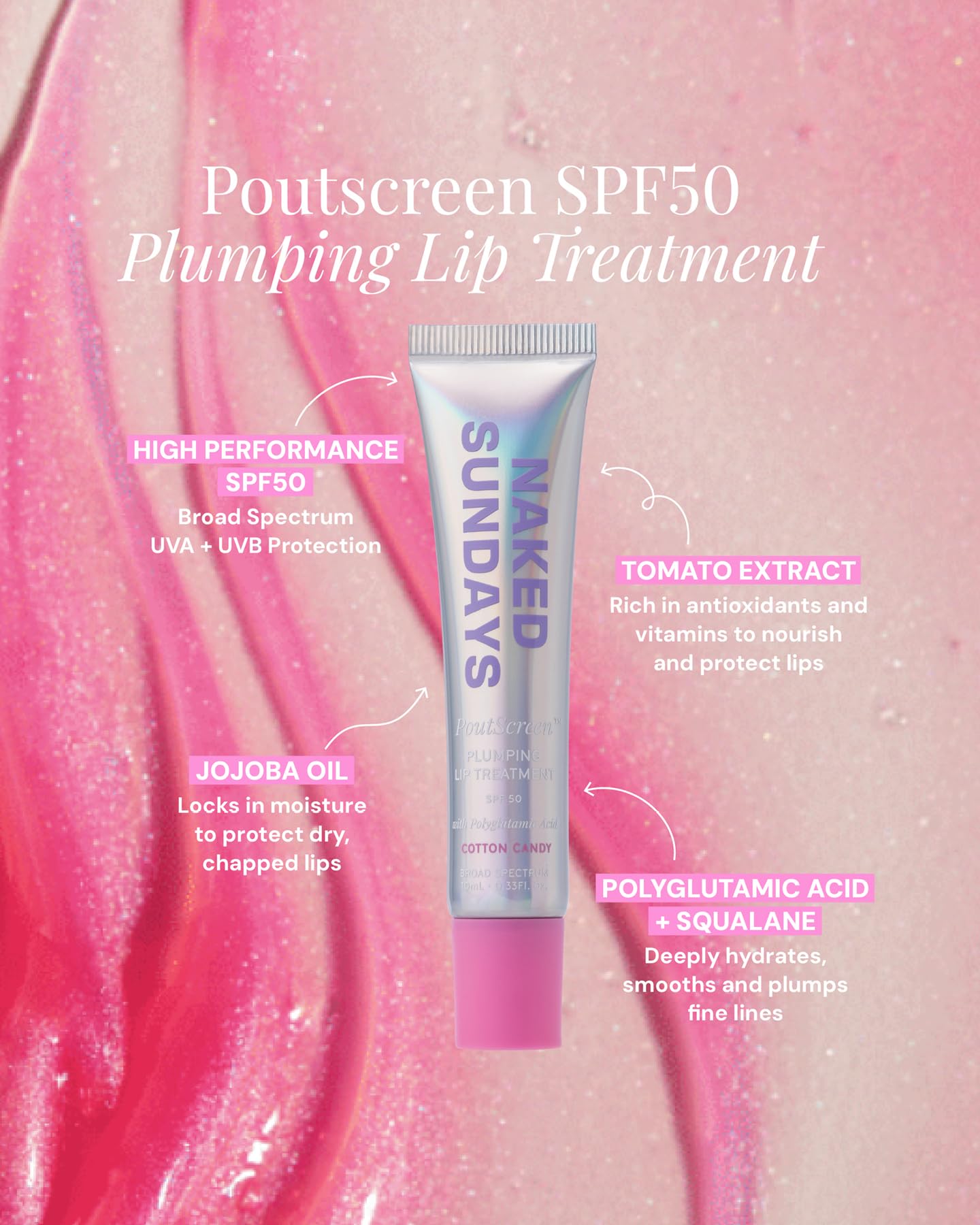 Naked Sundays PoutScreen packaging image emphasizing vegan, cruelty-free clean lip care