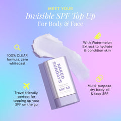 Naked Sundays SPF 50 Clear Glow Sun Stick used on shoulder for body protection outdoors.