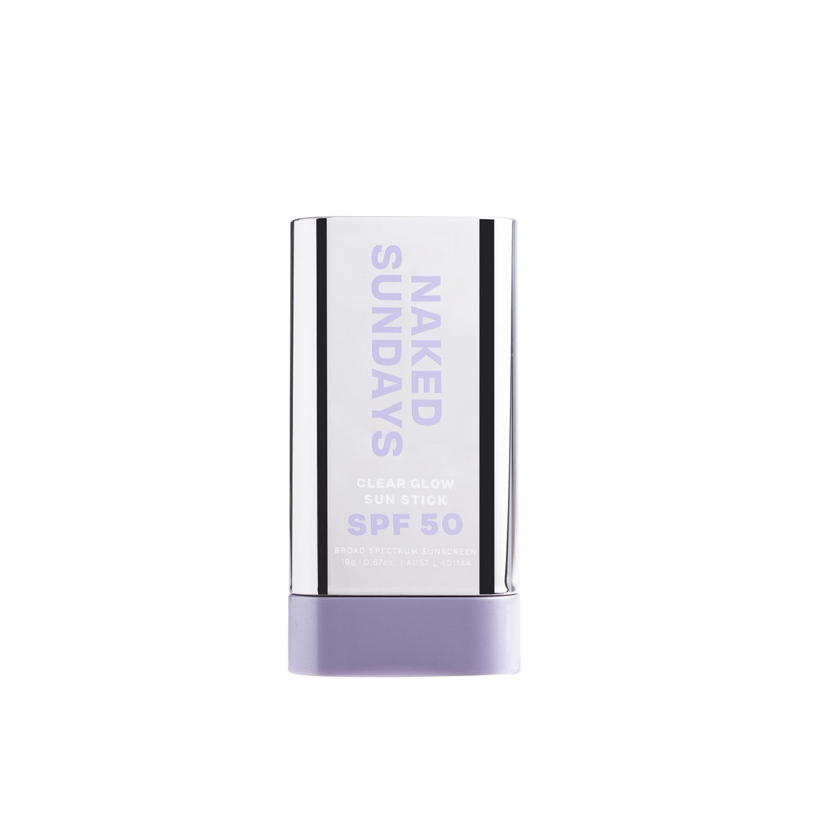 Naked Sundays SPF 50 Clear Glow Sun Stick packaging shows a compact, travel-ready sunscreen.