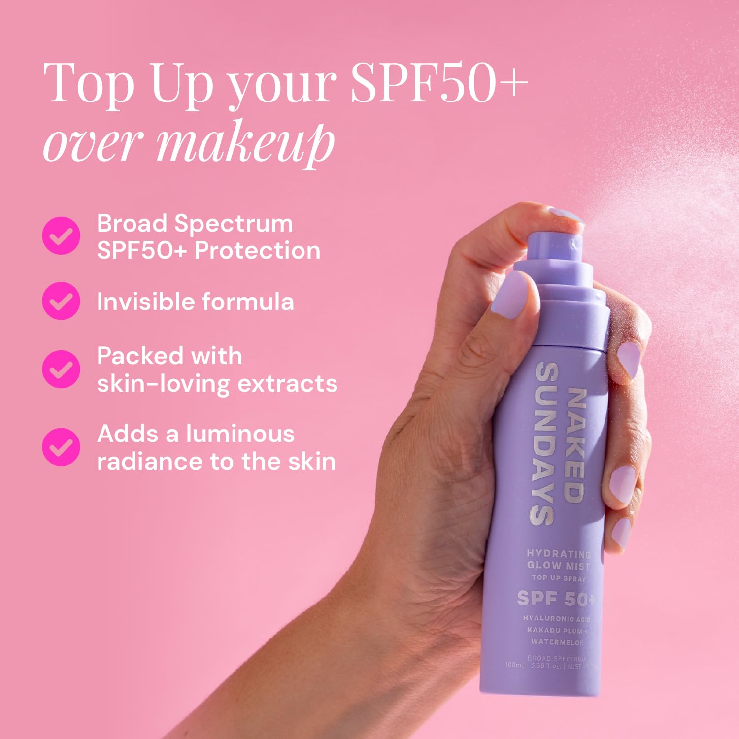 Naked Sundays SPF 50 face mist spray-action demonstrates even coverage over makeup