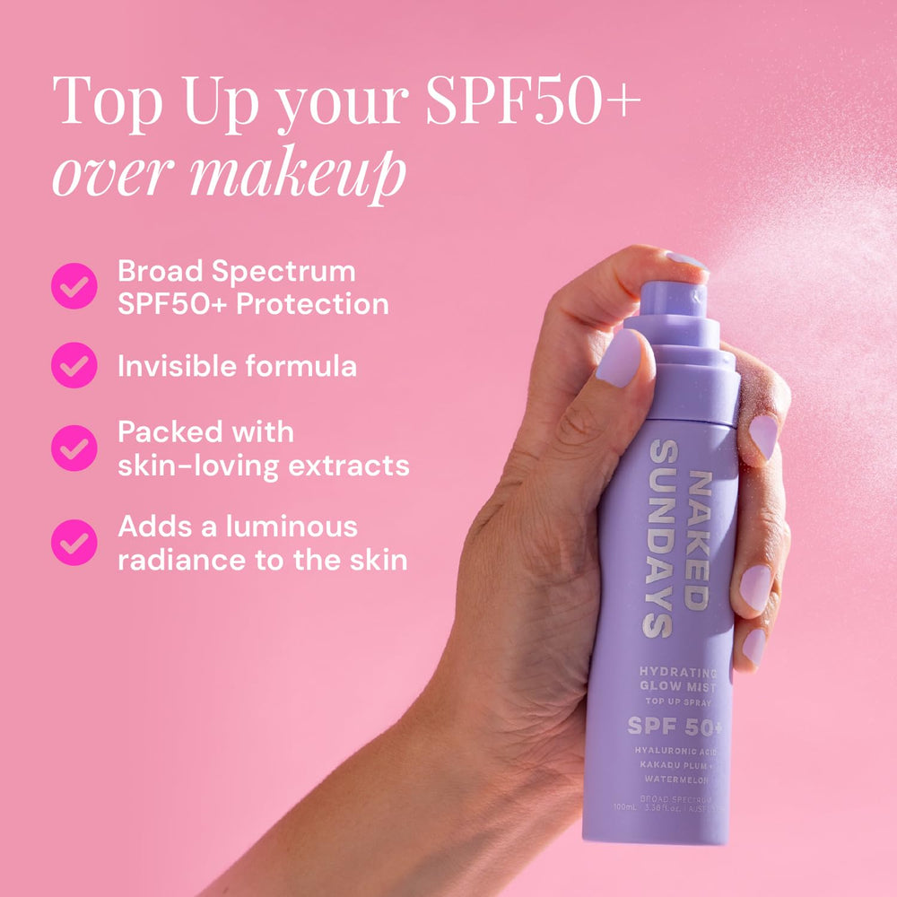 Naked Sundays SPF 50 face mist spray-action demonstrates even coverage over makeup