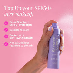 Naked Sundays SPF 50 face mist spray-action demonstrates even coverage over makeup