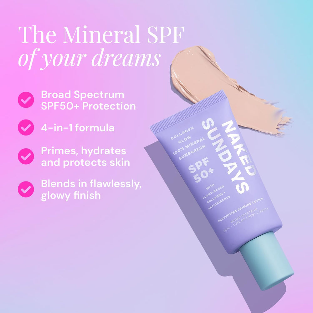 Naked Sundays SPF50 2-in-1 primer doubles as makeup primer with mineral sun protection.