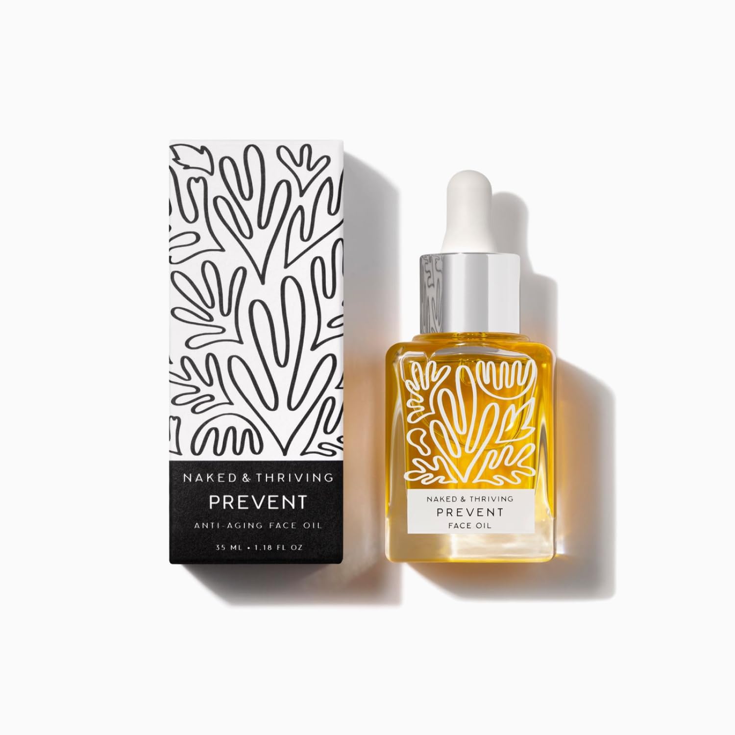 Naked & Thriving Prevent anti-aging oil bottle shows vegan formula for radiant, moisturized skin.