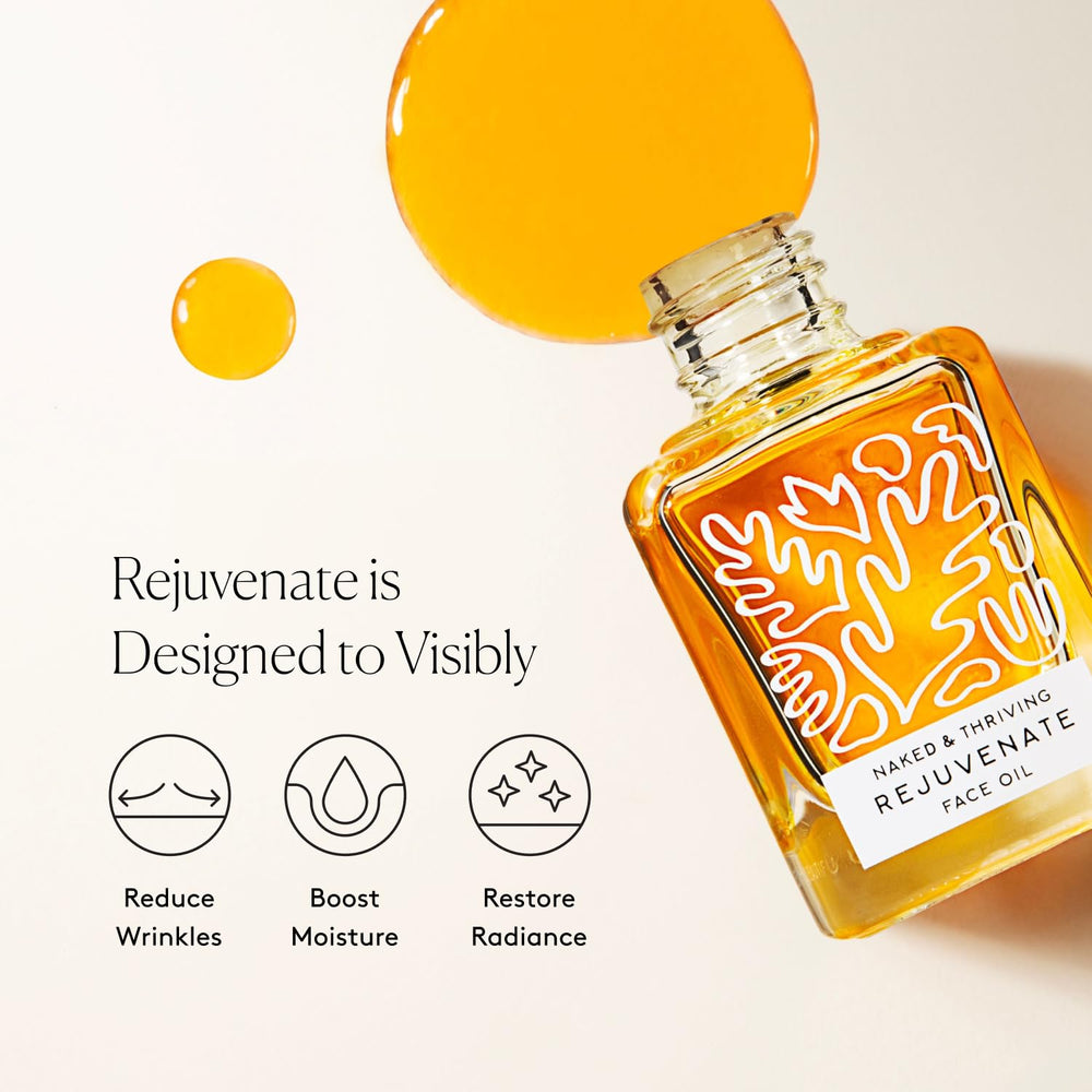 Naked & Thriving Rejuvenate bottle glows with a golden radiance.