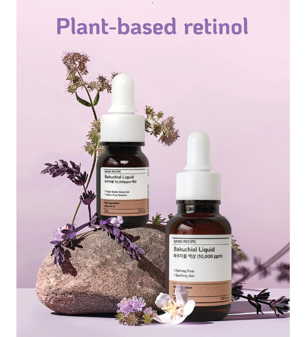 Nano Recipe Bakuchiol concentrate dropper ready for precise two-drop applications in skincare.