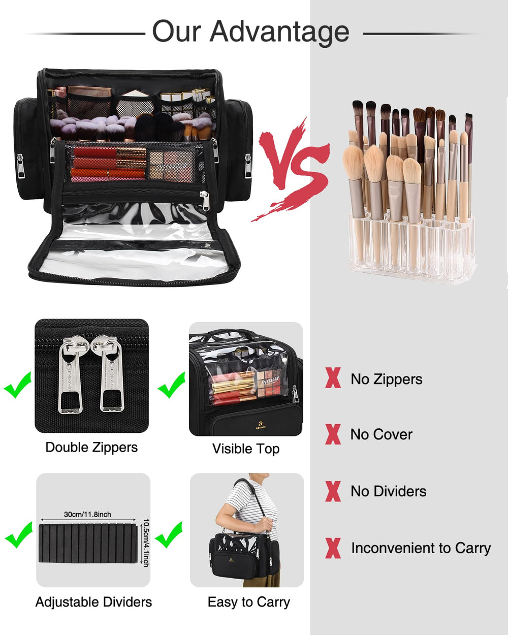 NAONAYA makeup brush bag travel-ready with handle and strap for easy airport or studio transport.