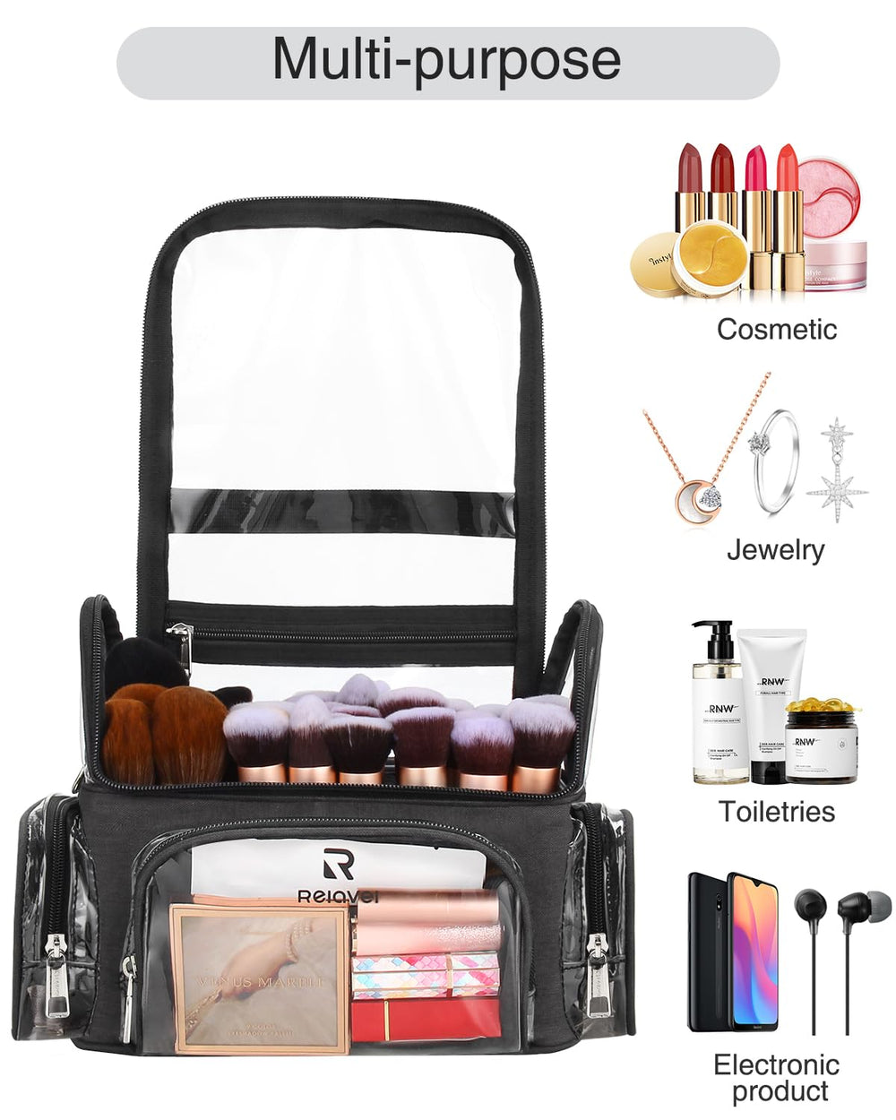 NAONAYA makeup brush case front pocket with mesh slot for compact palettes.