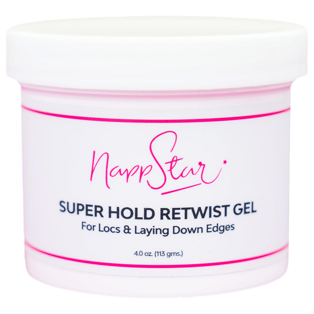 NappStar Super Hold Retwist Gel bottle for strong locs hold and edge control.