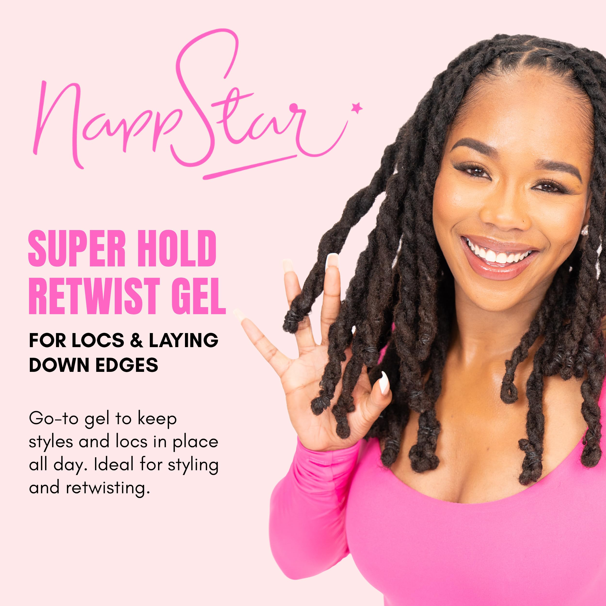 NappStar gel on damp hair enables flexible retwists and smoother edges.