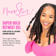 NappStar gel on damp hair enables flexible retwists and smoother edges.