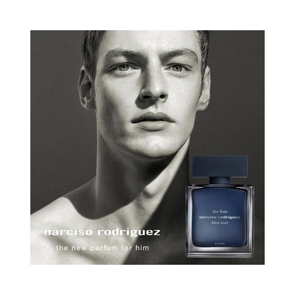 Narciso Rodriguez Bleu Noir bottle close-up reveals iris and musk notes.