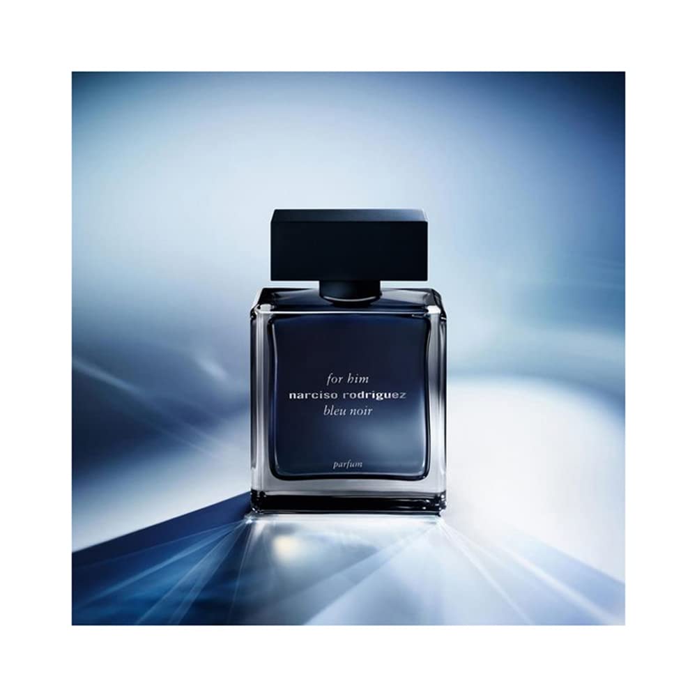 Narciso Rodriguez Bleu Noir display on shelf highlights iconic collection aesthetics.