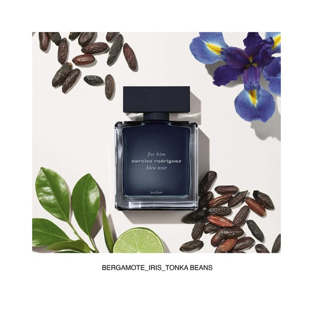 Narciso Rodriguez Bleu Noir perfume spray at angle to suggest versatile day-to-night use.