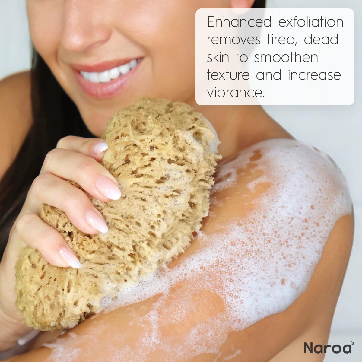 Naroa shower sponge producing rich lather during use