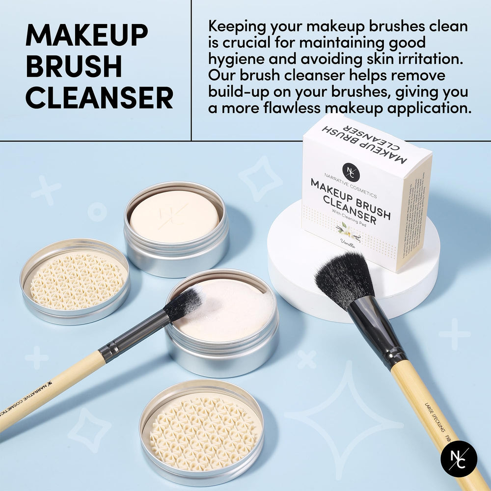 Narrative Cosmetics clean brushes before and after visuals highlight hygiene benefits.