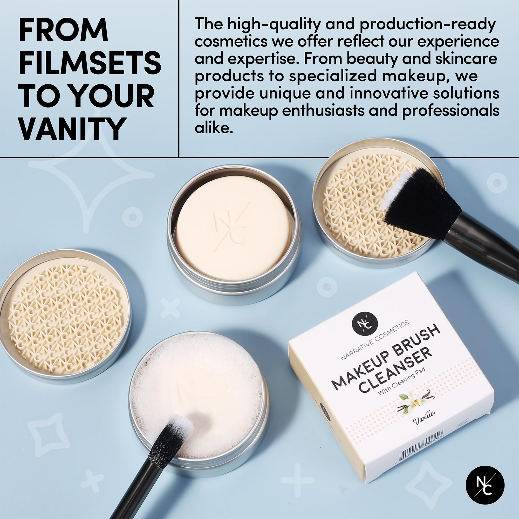 Narrative Cosmetics film-set professional-use concept demonstrates trusted tool for artists.