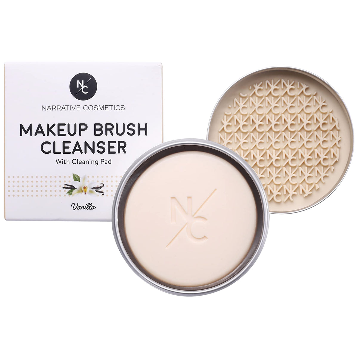 Narrative Cosmetics solid brush cleanser soap with vanilla bar cleans brushes and adds a calming scent.