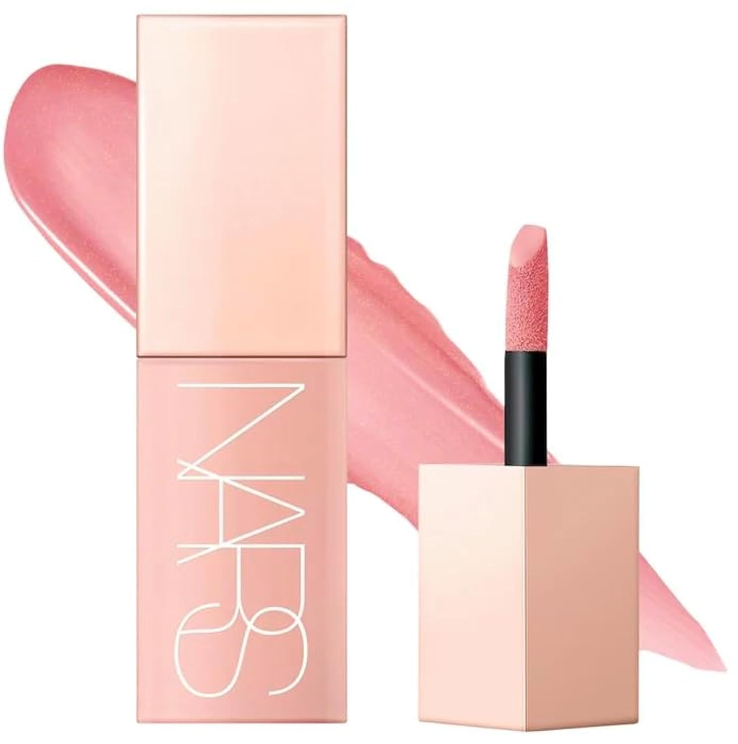 NARS Afterglow Liquid Blush Orgasm bottle pour reveals a peach-pink glow with golden shimmer for radiant finish.
