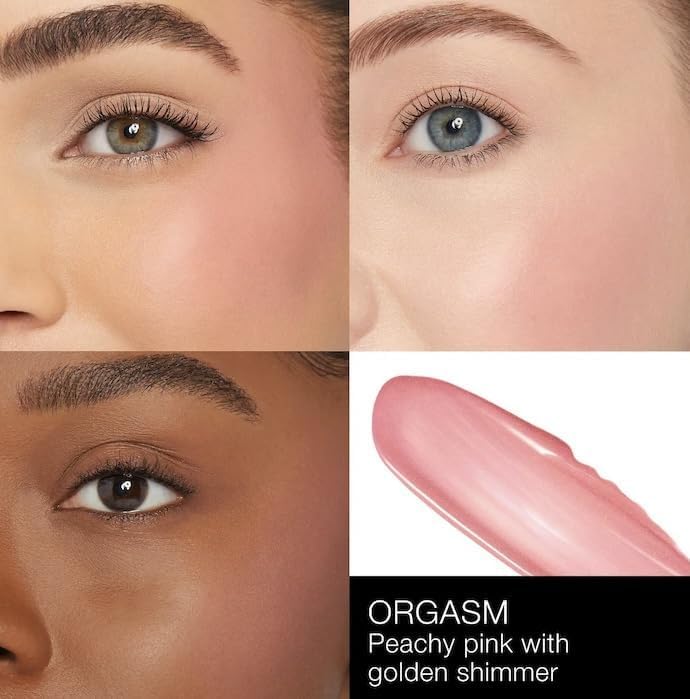 NARS Afterglow Liquid Blush Orgasm swatch shows peach-pink with gold shimmer for natural radiance.