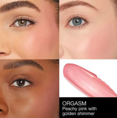 NARS Afterglow Liquid Blush Orgasm swatch shows peach-pink with gold shimmer for natural radiance.
